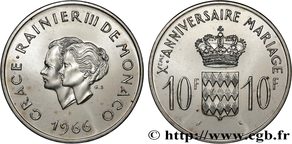 MONACO 10 Francs argent, dixième anniversaire du mariage 1966 Paris SPL 