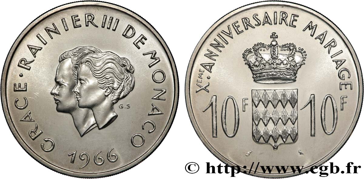 MONACO 10 Francs argent, dixième anniversaire du mariage 1966 Paris SPL 