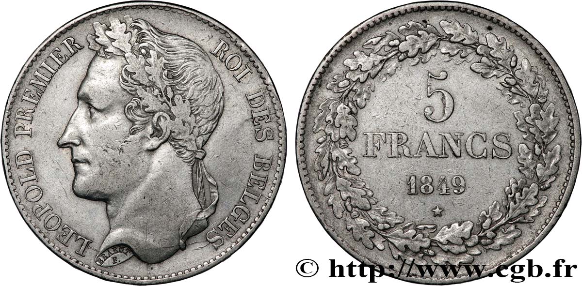 BELGIUM 5 Francs Léopold Ier tête laurée 1849 XF