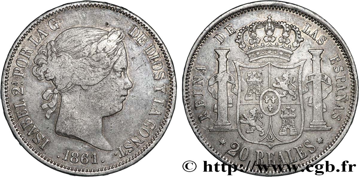 SPAIN - KINGDOM OF SPAIN - ISABELLA II 20 Reales 1861 Madrid VF/XF 