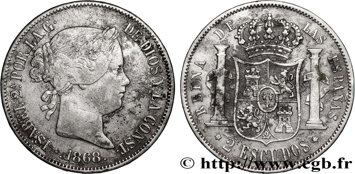 ESPAGNE - ROYAUME D ESPAGNE - ISABELLE II 2 Escudos  1868 Madrid SS 