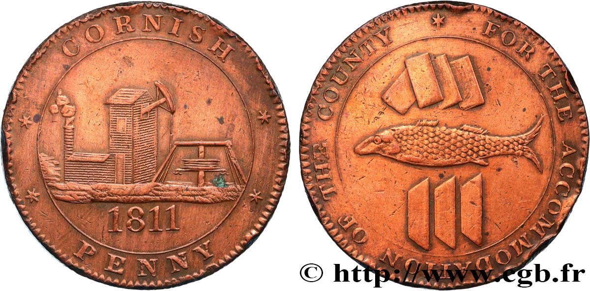 BRITISH TOKENS OR JETTONS 1 Penny “Cornish Penny” Scorrier House (Redruth) 1811  XF 