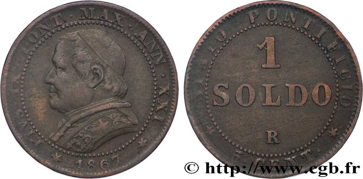 VATICAN ET ÉTATS PONTIFICAUX 1 Soldo an XXI buste large 1867 Rome TB+