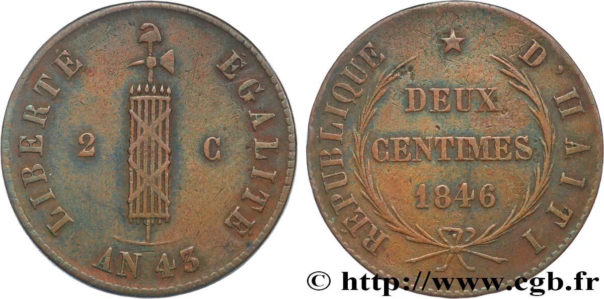 HAITI 2 Centimes faisceau, an 43 1846  AU 