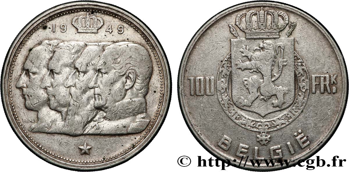 BELGIQUE 100 Franken (Francs) bustes des quatre rois de Belgique, légende flamande 1949 TTB