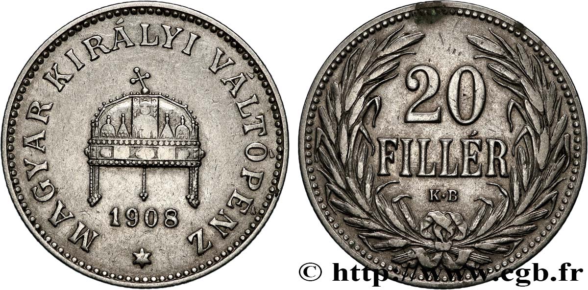 HONGRIE 20 Filler couronne 1908 Kremnitz - KB TTB+ 