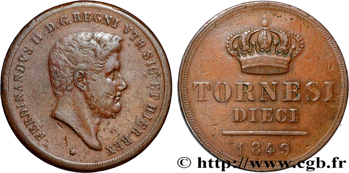 ITALY - KINGDOM OF TWO SICILIES 10 Tornesi Royaume des Deux-Siciles, Ferdinand II 1849  XF 