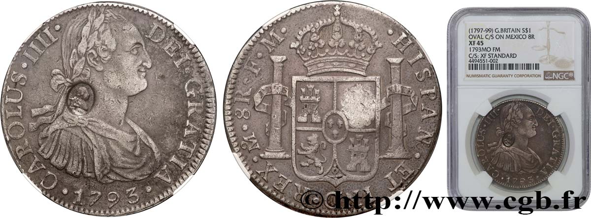 GROSSBRITANIEN - GEORG III. Dollar contremarqué sur une 8 reales 1793 de Mexico (1799)  SS45 NGC