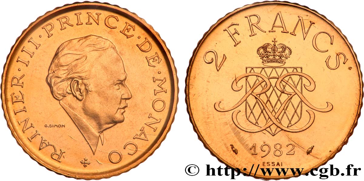 MONACO - PRINCIPALITY OF MONACO - RAINIER III Essai 2 Francs en or 1982 Paris MS 