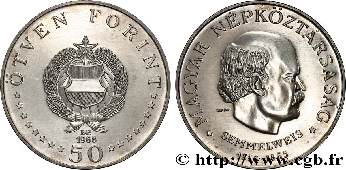 HUNGARY 50 Forint Proof Ignác Semmelweis 1968 Budapest AU 