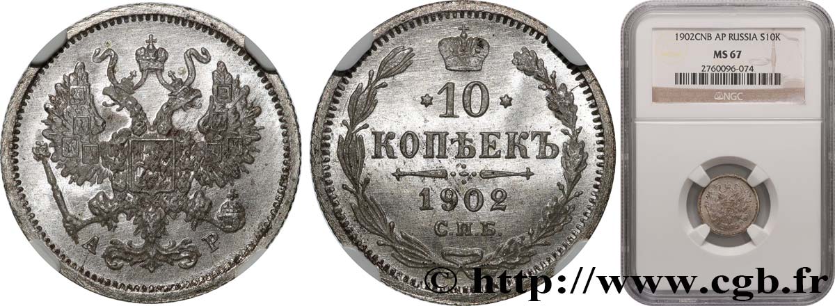 RUSSIA - NICOLA II 10 Kopecks 1902 Saint-Petersbourg FDC67 NGC
