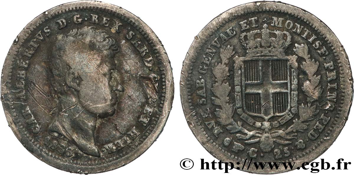 ITALIE - ROYAUME DE SARDAIGNE 25 Centesimi Charles Albert 1833 Turin TB