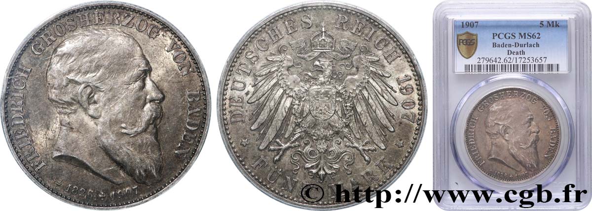 GERMANY - GRAND DUCHY OF BADEN - FREDERICK I 5 Mark  1907 Karlsruhe MS62 PCGS