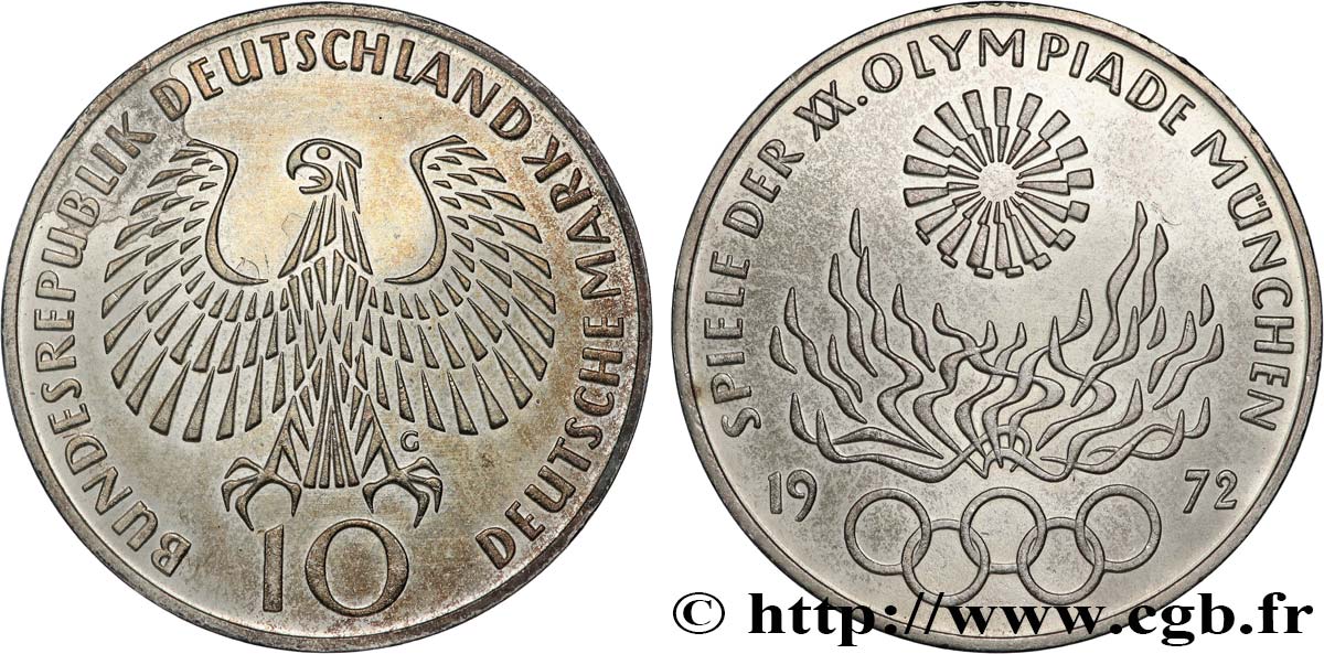 ALLEMAGNE 10 Mark Proof XXe J.O. Munich - Flamme olympique 1972 Karlsruhe SUP