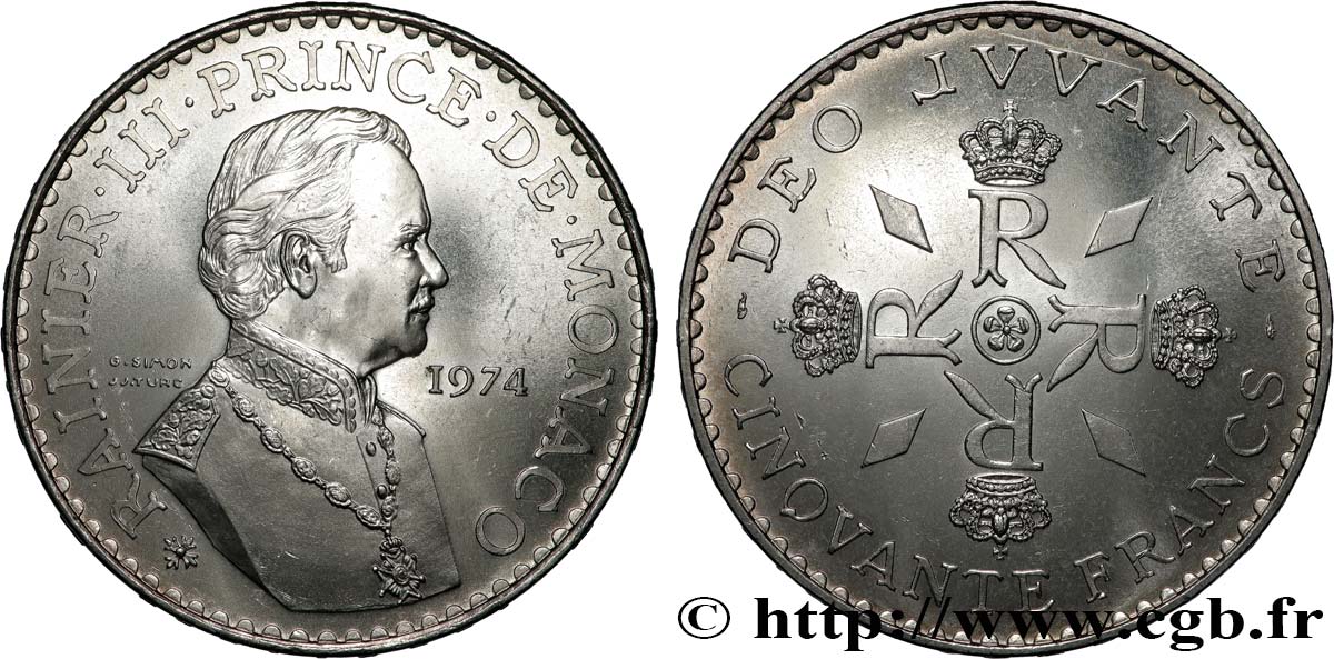 MONACO 50 Francs Rainier III 1974 Paris MS 