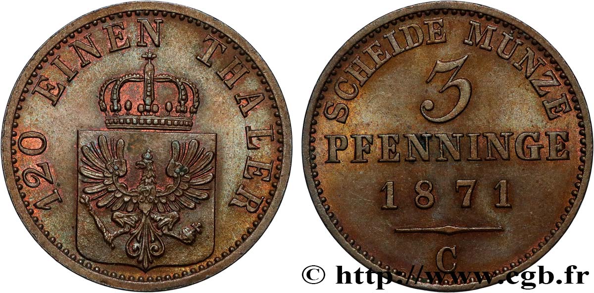 GERMANY - PRUSSIA 3 Pfenninge 1871 Francfort MS 