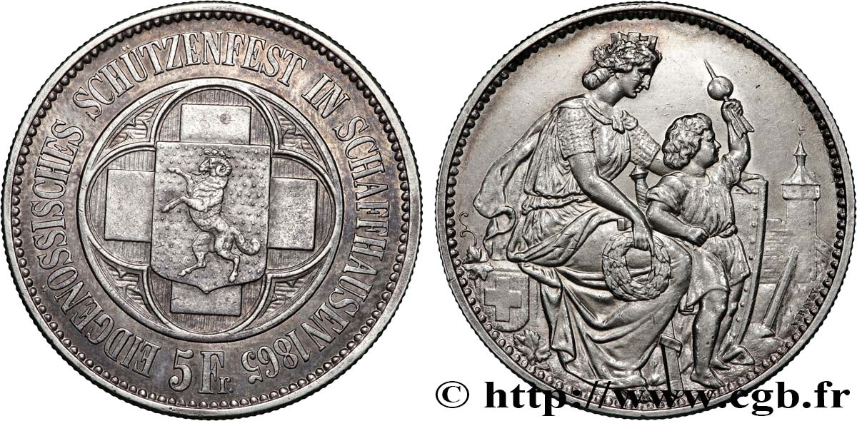 SWITZERLAND 5 Francs Tir de Schaffhouse (Schaffhaussen) 1865  XF 