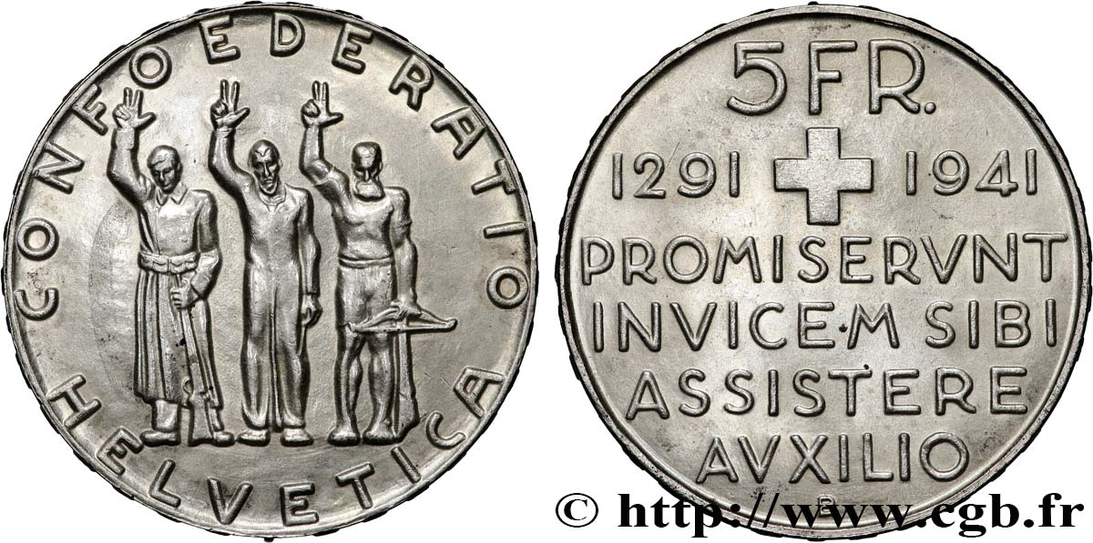 SUISSE 5 Francs 650e anniversaire de la confédération 1941 Berne SUP 