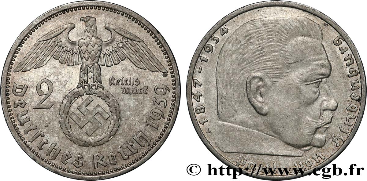 GERMANY 2 Reichsmark Maréchal Paul von Hindenburg 1939 Berlin AU 