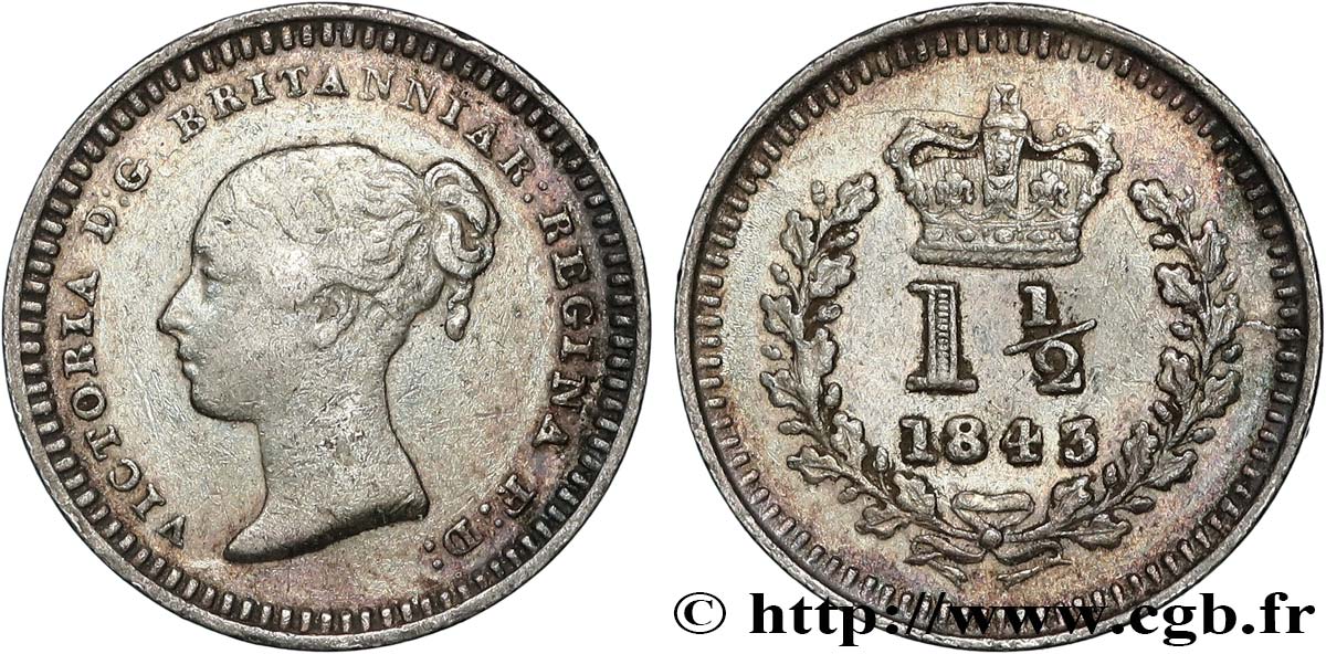 UNITED KINGDOM 1 1/2 Pence Victoria 1843  XF 