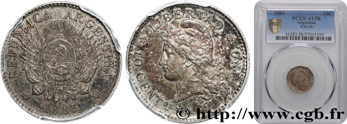 ARGENTINA 10 Centavos 1883  AU58 PCGS