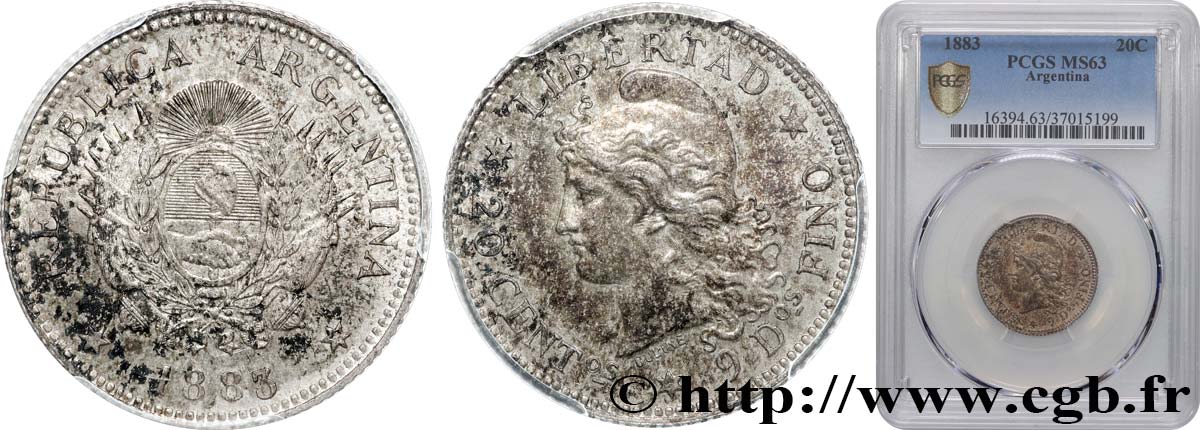 ARGENTINA 20 Centavos 1883  SC63 PCGS