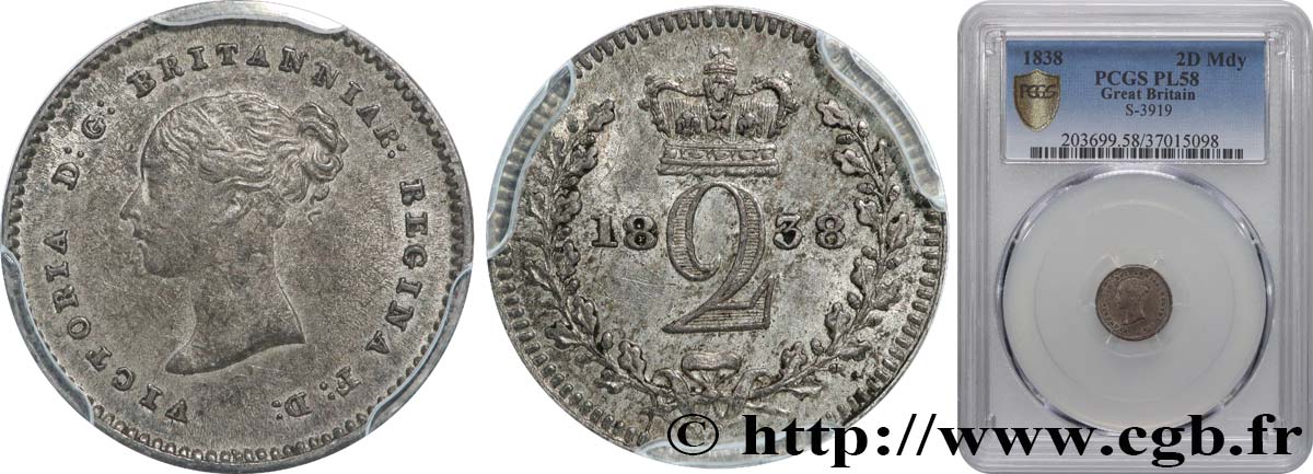 UNITED KINGDOM 2 Pence (Maundy Set) Victoria tête jeune 1838 Londres AU58 PCGS