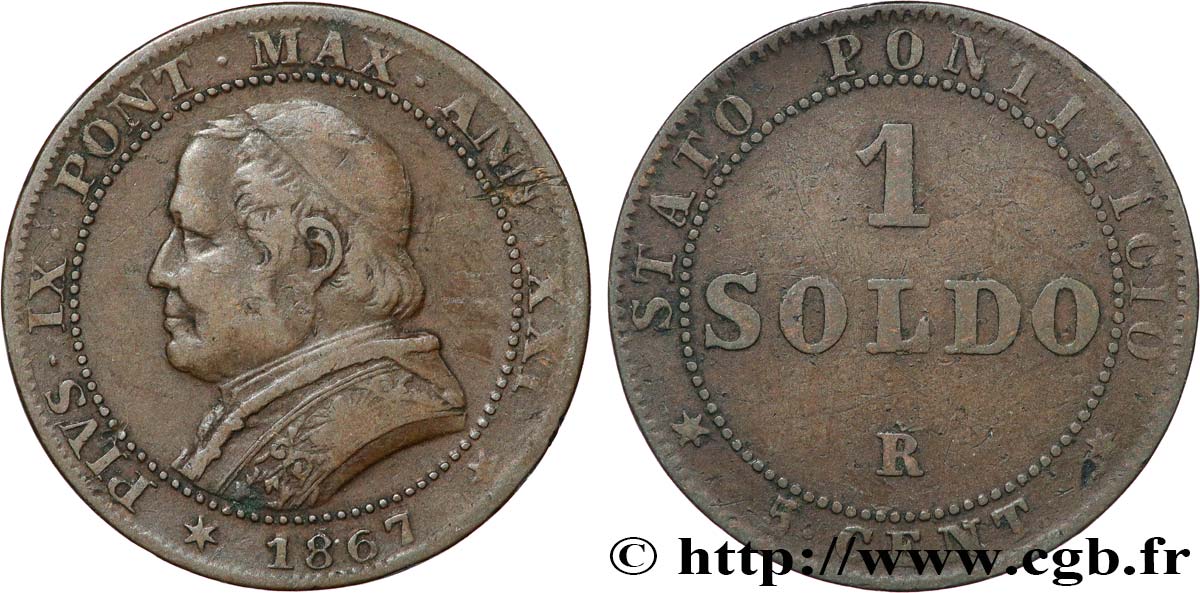 VATICAN ET ÉTATS PONTIFICAUX 1 Soldo an XXI buste large 1867 Rome TB+