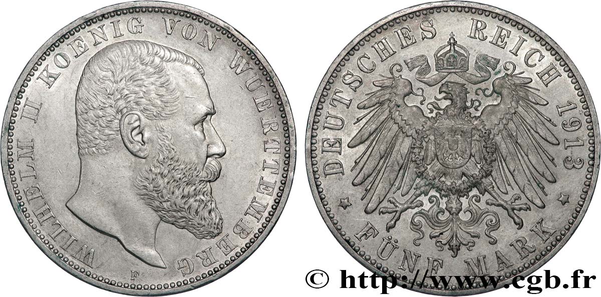 GERMANY - KINGDOM OF WÜRTTEMBERG - WILLIAM II 5 Mark  1913 Stuttgart AU 