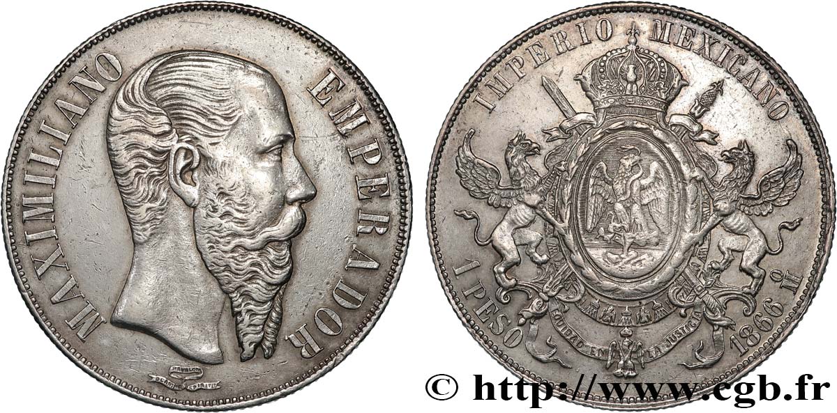MEXIQUE - MAXIMILIEN Ier 1 Peso  1866 Mexico SS 