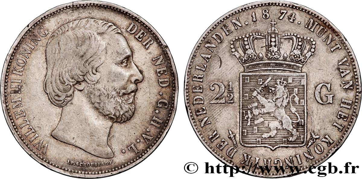 PAYS-BAS - ROYAUME DES PAYS-BAS - GUILLAUME III 2 1/2 Gulden  1874 Utrecht TTB 