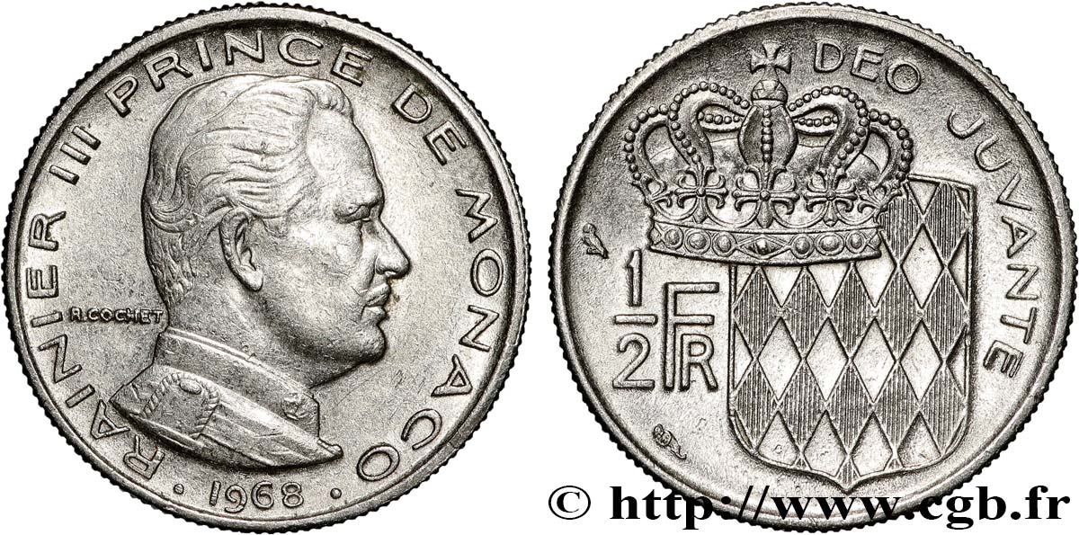 MONACO 1/2 Franc Rainier III 1968 Paris SUP