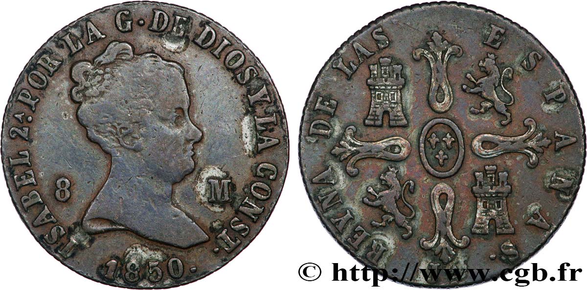 ESPAGNE 8 Maravedis Isabelle II 1850 Jubia TB+