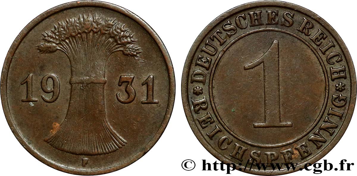 ALLEMAGNE 1 Reichspfennig 1931 Stuttgart TTB+