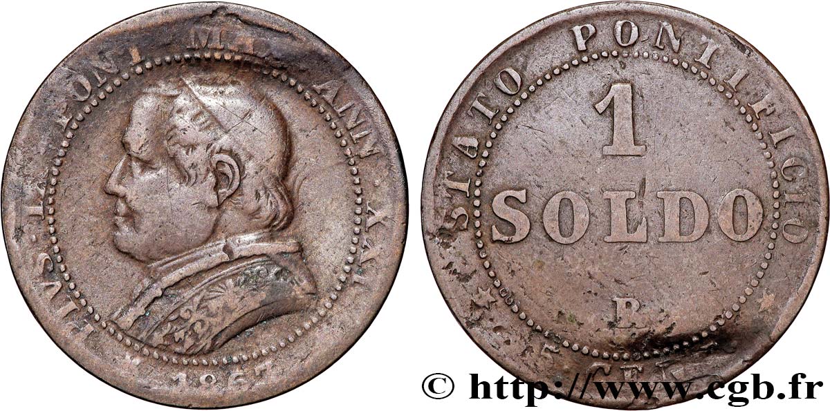 VATICAN ET ÉTATS PONTIFICAUX 1 Soldo an XXI buste large 1867 Rome TB