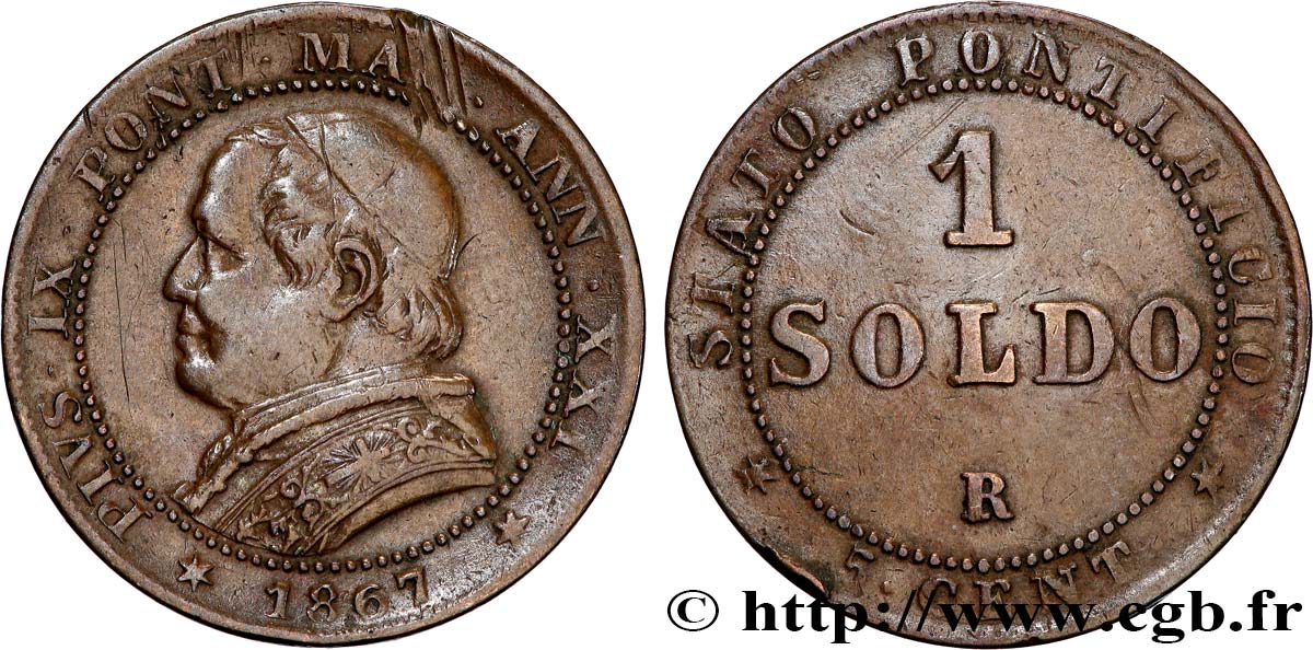 VATICAN ET ÉTATS PONTIFICAUX 1 Soldo an XXI buste large 1867 Rome TB