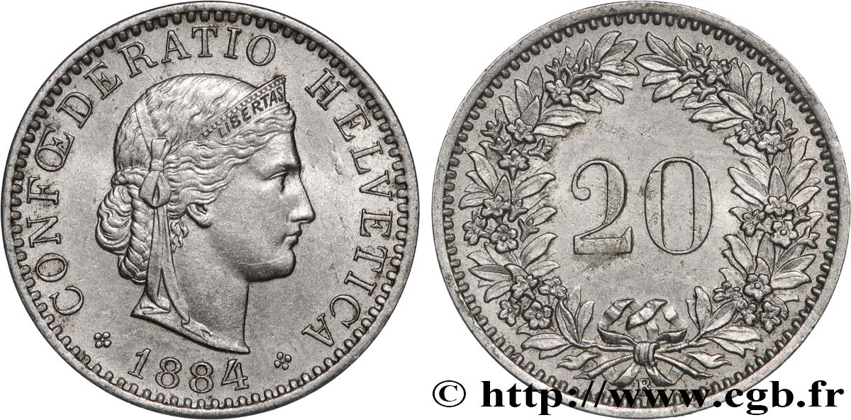 SWITZERLAND 20 Centimes (Rappen) Helvetia 1884 Berne AU 