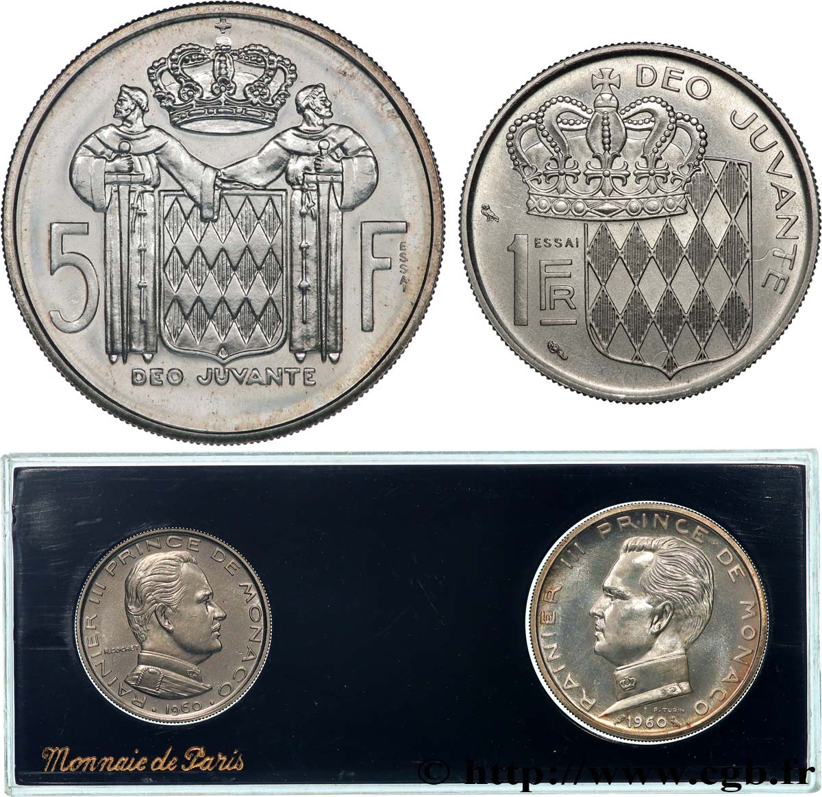 MONACO Boîte de 1 et 5 francs ESSAI Rainier III 1960 Paris SPL 