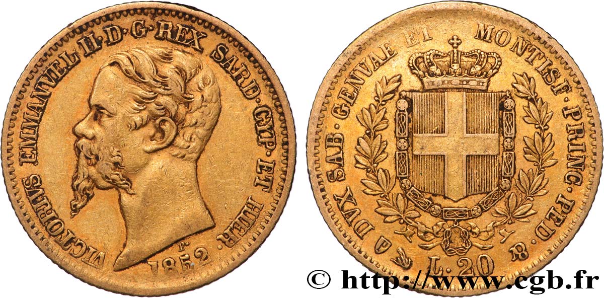 ITALY - KINGDOM OF SARDINIA 20 Lire Victor Emmanuel II 1852 Gênes XF 