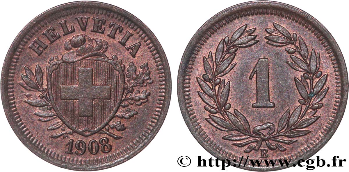SWITZERLAND 1 Centime (Rappen) Croix Suisse 1908 Berne - B AU 