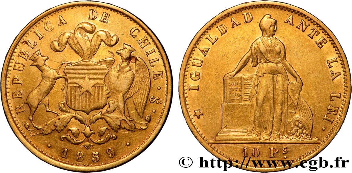 CHILI 10 Pesos 1859 Santiago TTB+ 