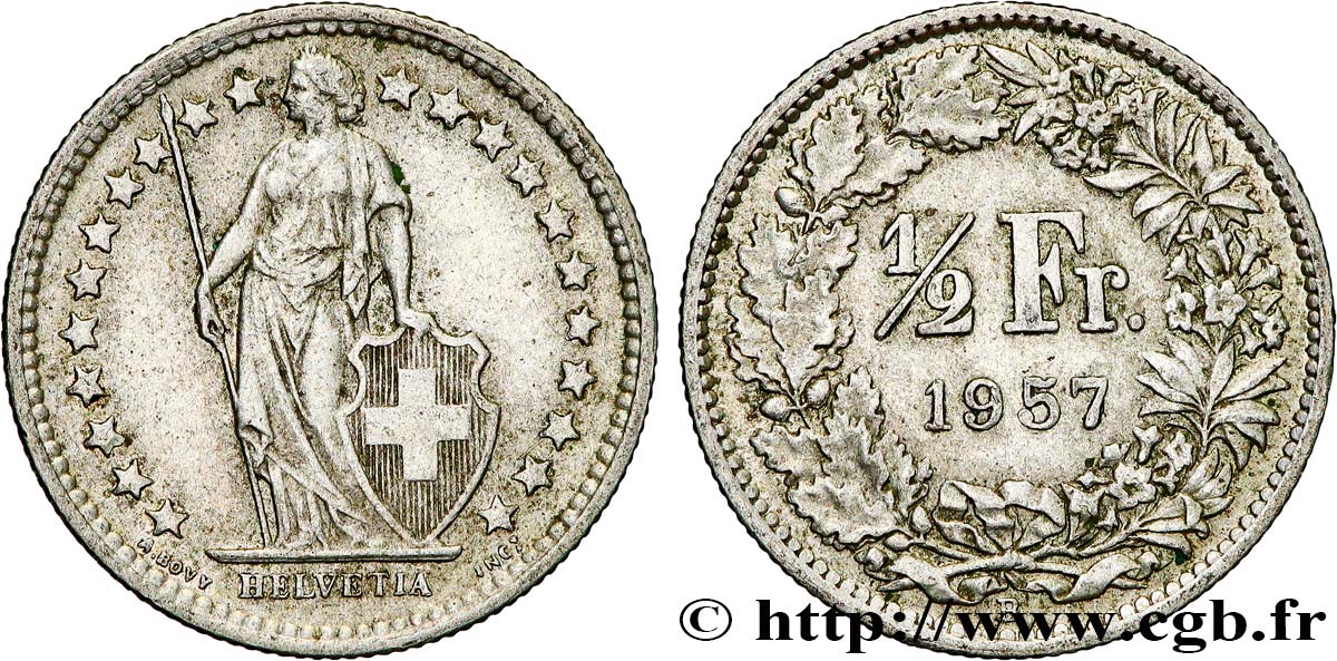 SUISSE 1/2 Franc Helvetia 1957 Berne - B TTB
