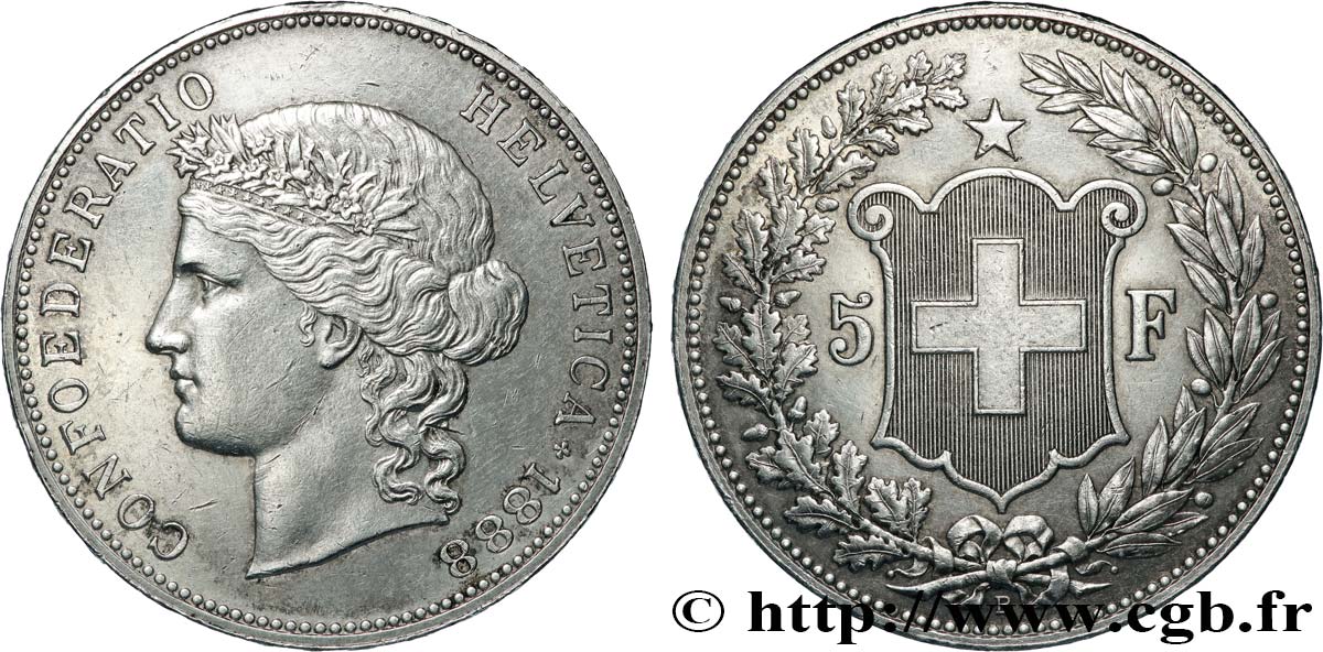 SUIZA 5 Francs Helvetia buste 1888 Berne MBC+ 