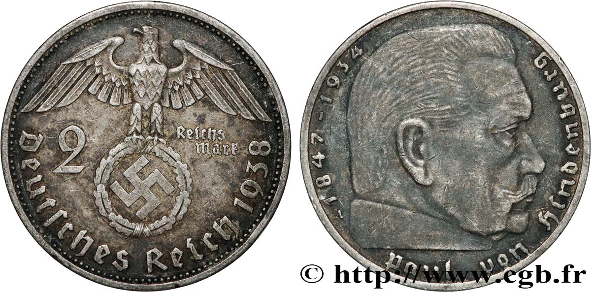 GERMANY 2 Reichsmark Paul von Hindenburg 1938 Berlin XF 
