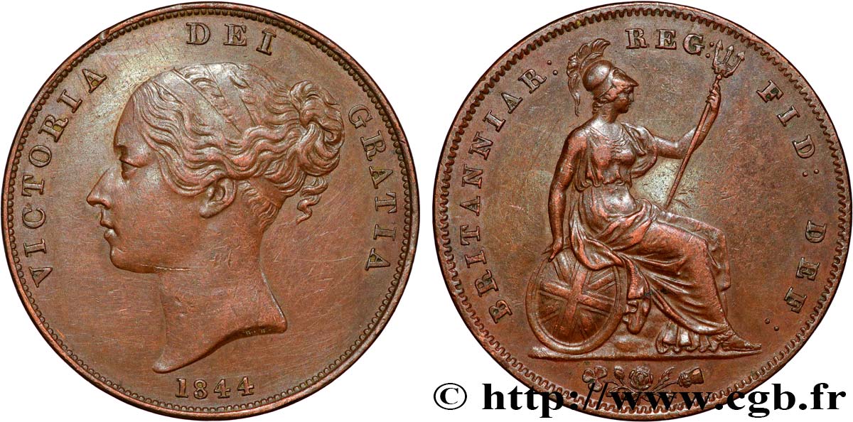 ROYAUME-UNI 1 Penny Victoria “tête jeune” 1844  TTB 