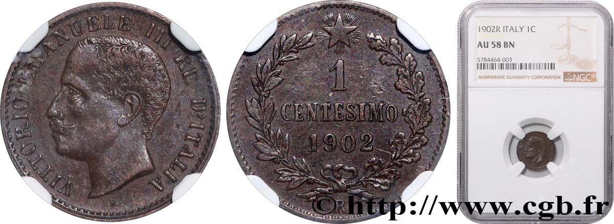 ITALIA - REINO DE ITALIA - VÍCTOR-MANUEL III 1 Centesimo  1902 Rome - R EBC58 NGC