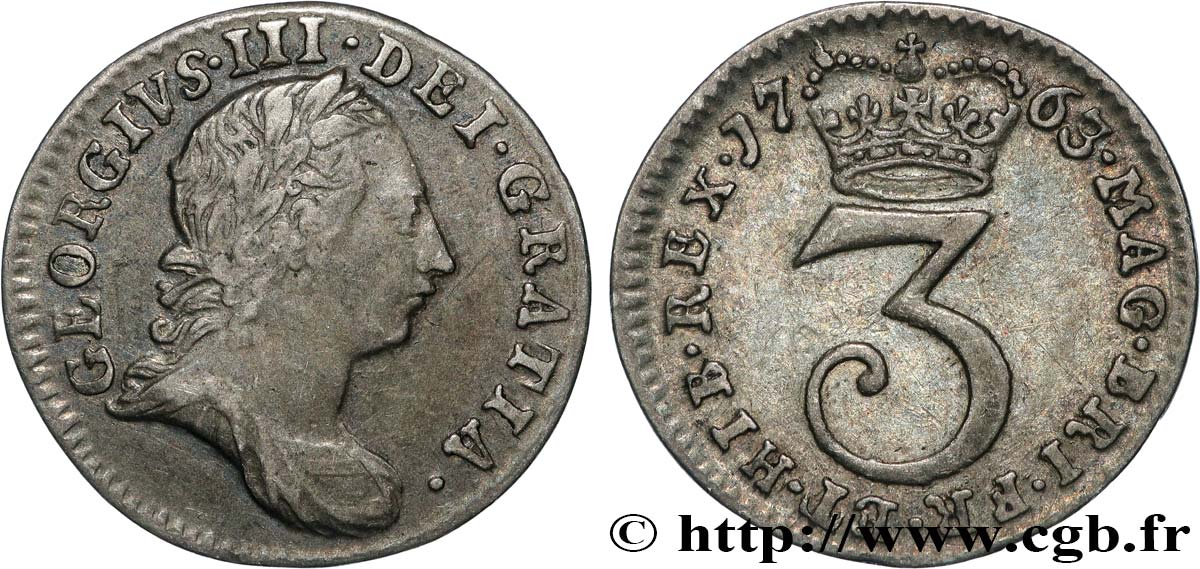 GRANDE-BRETAGNE - GEORGES III 3 Pence tête laurée 1763  TTB 