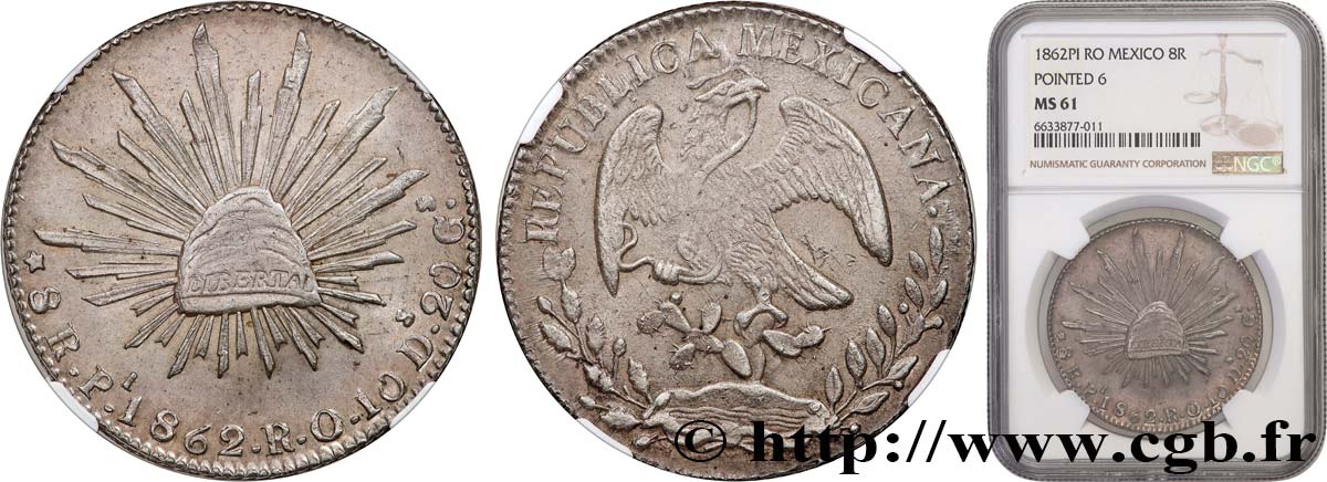 MEXICO 8 Reales 1862 San Luis Potosi MS61 NGC