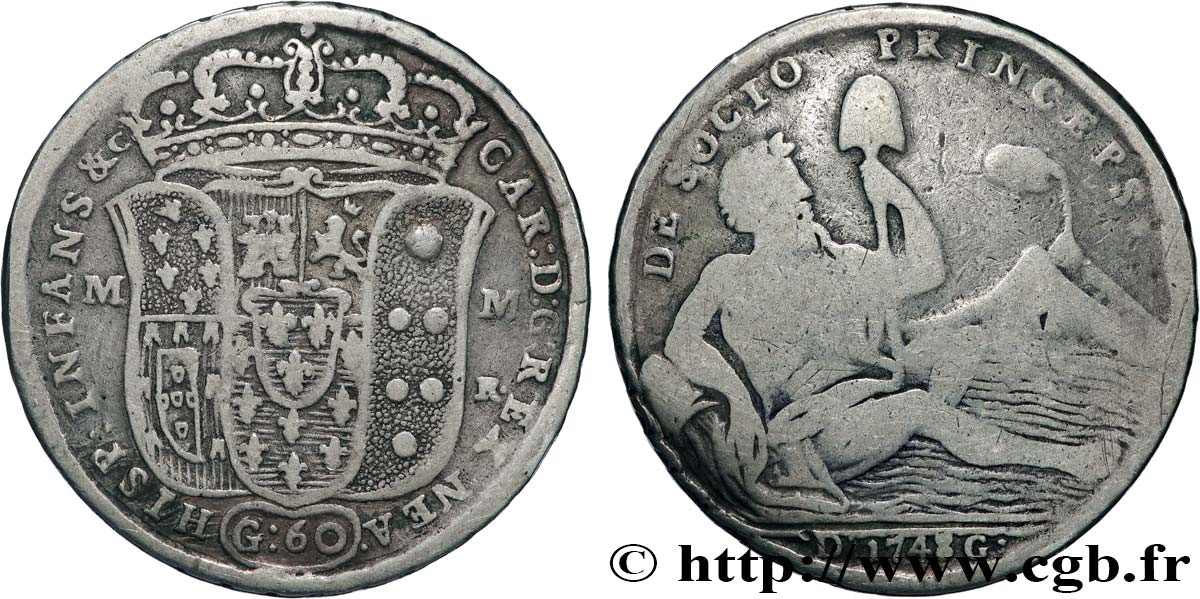 ITALIE - ROYAUME DE NAPLES 60 Grana frappe au nom de Charles III d’Espagne 1748 Naples TB+ 