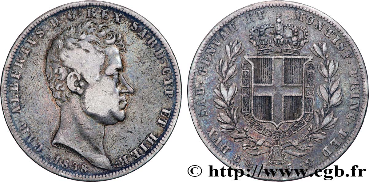 ITALY - KINGDOM OF SARDINIA - CHARLES-ALBERT 5 Lire Charles Albert 1838 Gênes VF 